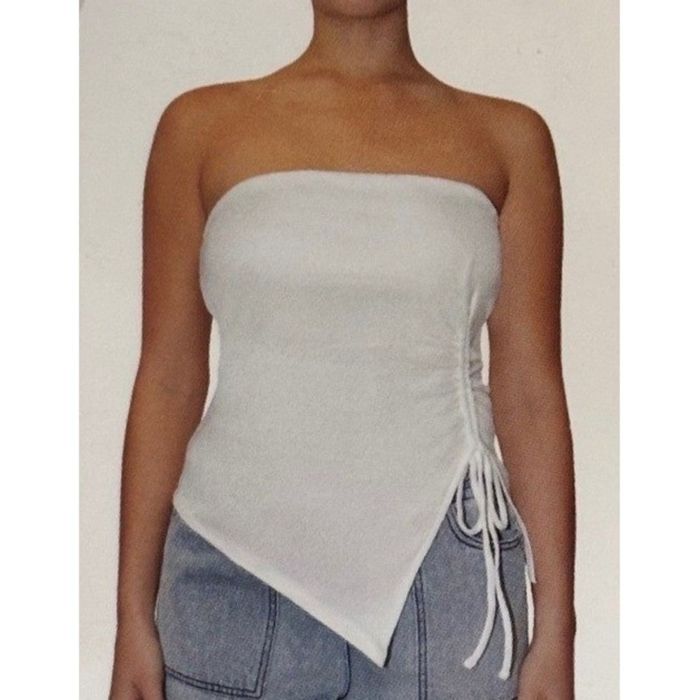 Madden NYC Womens XL Tube Top White Rib Knit Asymmetrical Hem Drawcord NWT